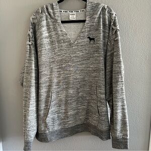 Victoria's Secret PINK Gray Knit V-Neck Hoodie w/ Lace Up Shoulder Details in L